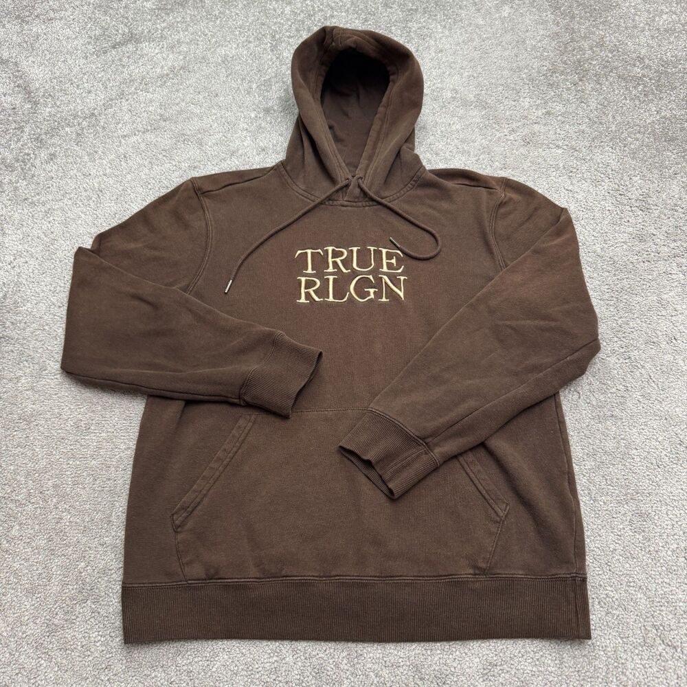 True Religion Hoodie Pullover Sweatshirt Men Small Brown Embroidered Logo Fleece